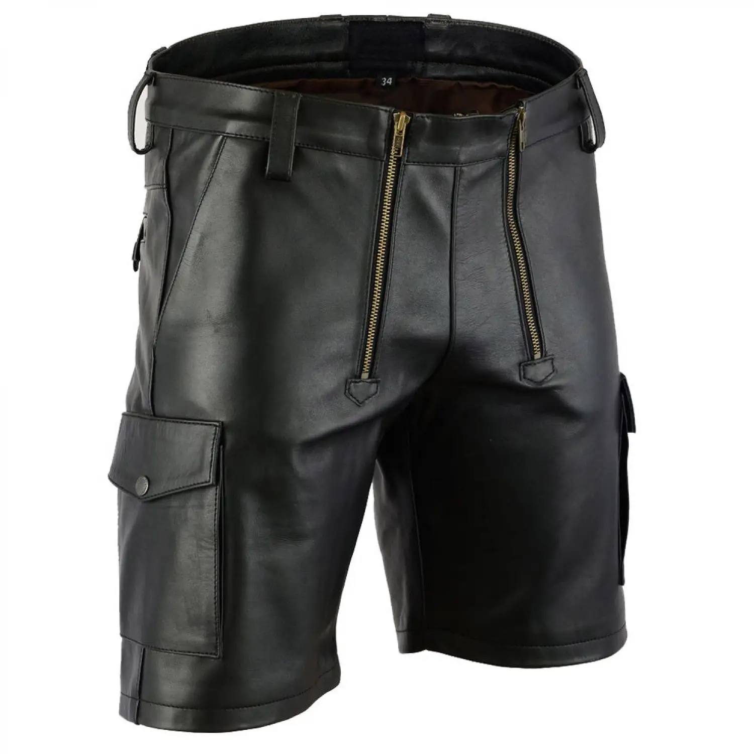Men's Black Faux Leather Cargo Shorts with Two-Way Zipper